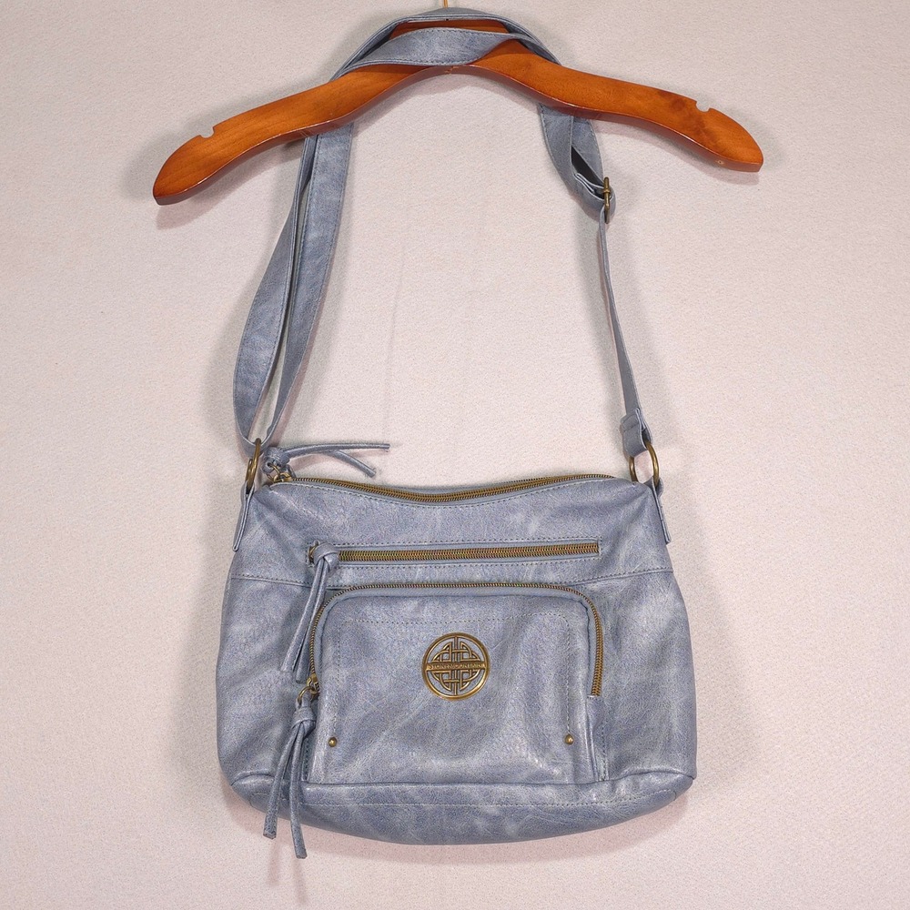 Stone Mountain Womens Blue Faux Leather Multi Pocket Crossbody Bag Adjustable
